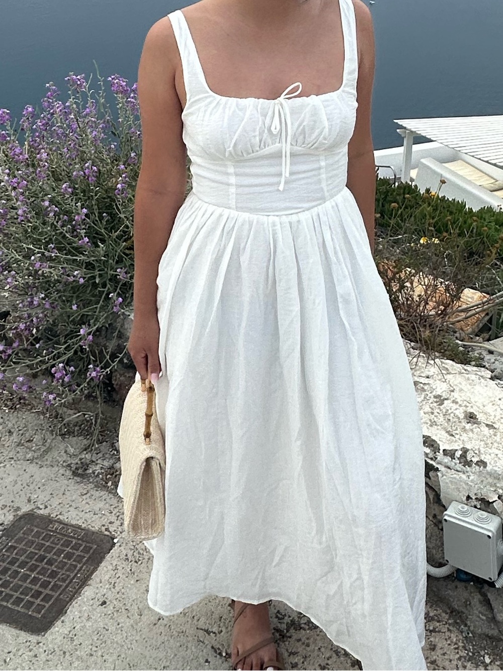 All in Favor White Sleeveless Midi Dress with Tie Bodice